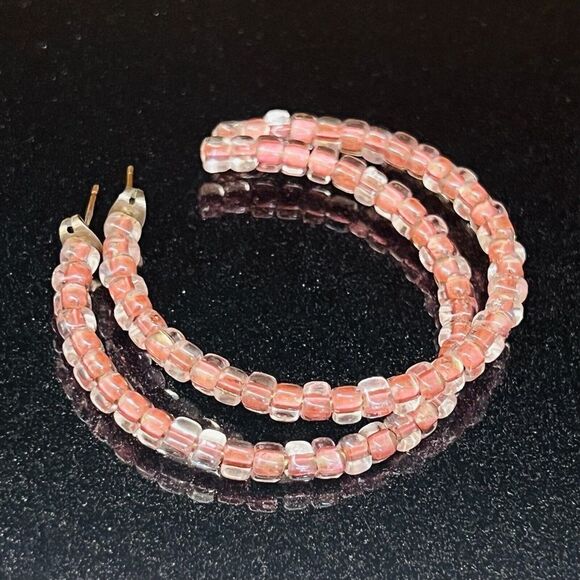 Pink Beaded Open Hoop Earrings Beads Large Pretty 1455 - Picture 1 of 9